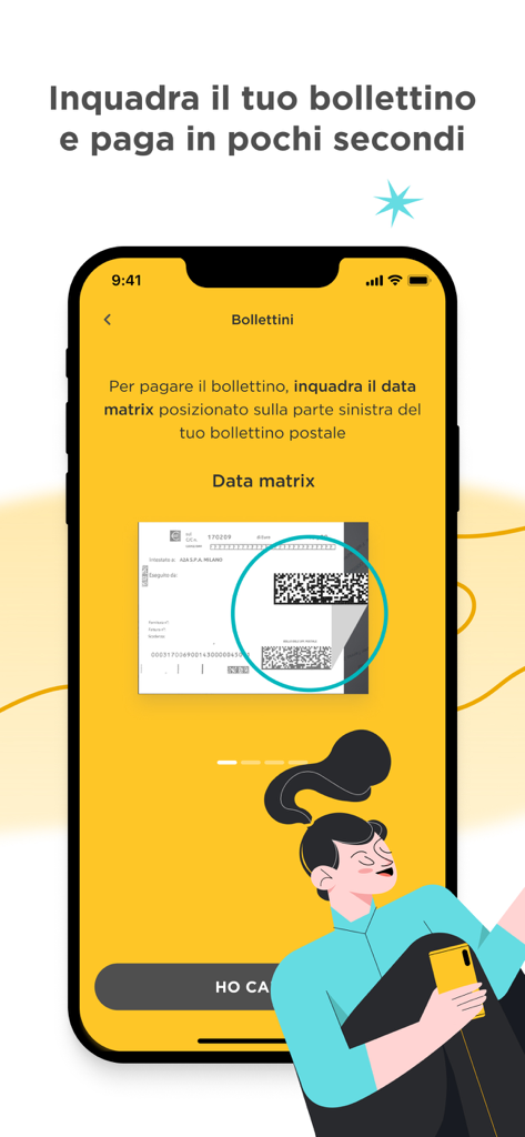 Interfaz de la app Mooney que muestra una guía para escanear la matriz de datos de una factura postal para un pago digital rápido