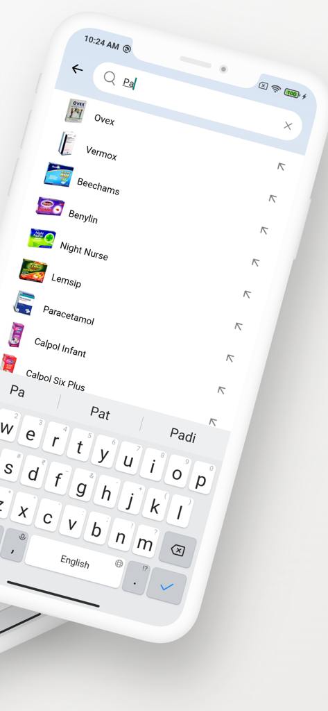 Ecrã do smartphone mostrando a interface de pesquisa da aplicação Prescription Doctor com sugestões de medicamentos, incluindo Paracetamol e Lemsip.