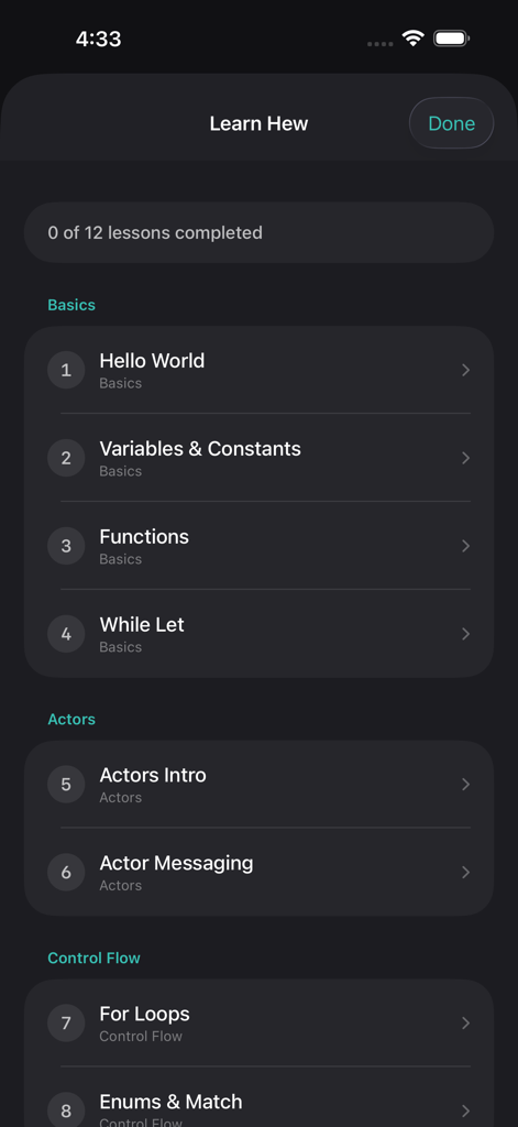 Hew Playground - A list of programming lessons in the Hew Playground app covering topics like Hello World, Actors, and Control Flow.