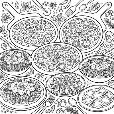 Indulge in a mouth-watering Italian feast with this specially designed coloring page featuring pizzas and various pasta dishes. Its clear, large outlines make it a perfect relaxing activity for seniors looking for an enjoyable creative escape.