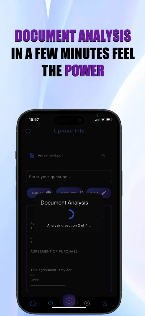 AvvoGPT - AI for Lawyers - AvvoGPT app interface for AI legal document analysis showing a contract being processed on an iPhone