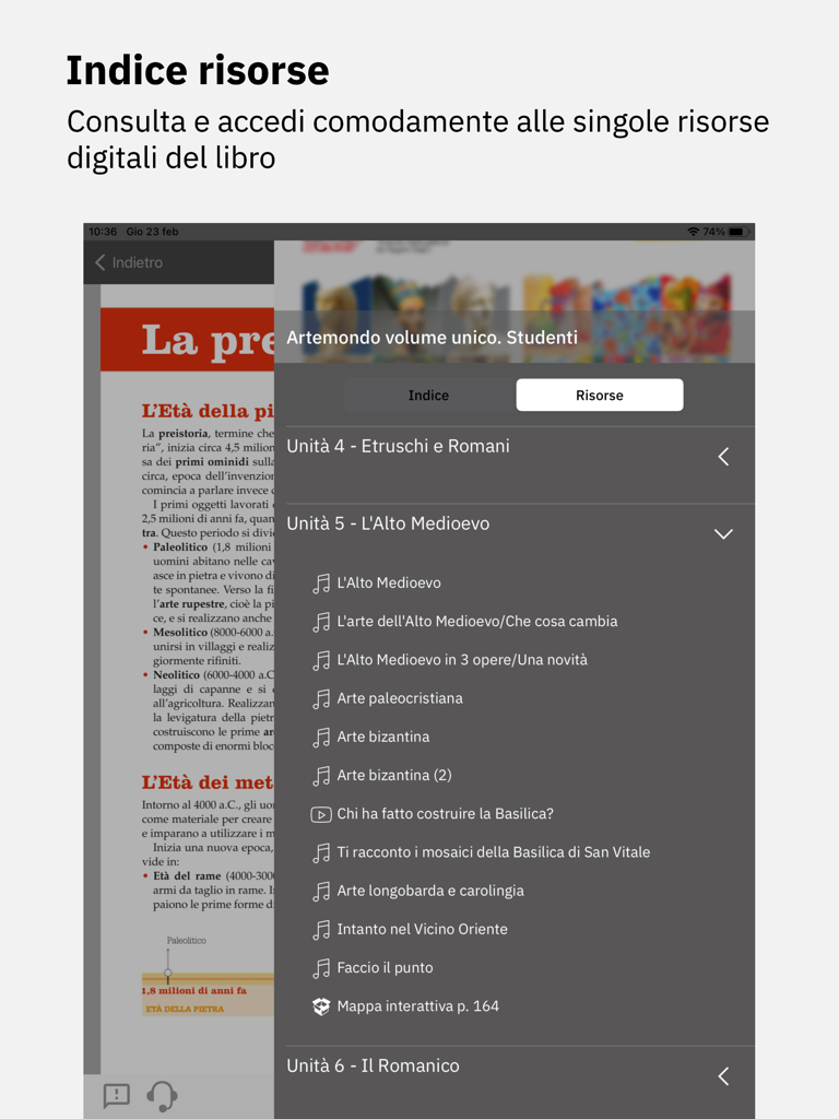 Booktab - Interfaz de la aplicación Booktab que muestra una lista de recursos digitales como audio y video para un capítulo de libro de texto.