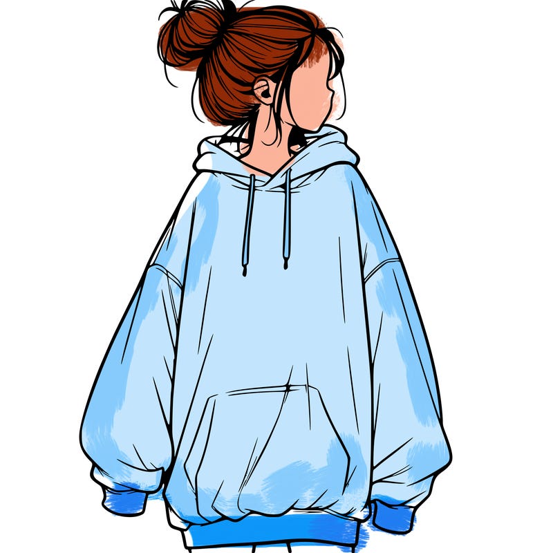realistic girl with a oversized sweatshirt on and a bun