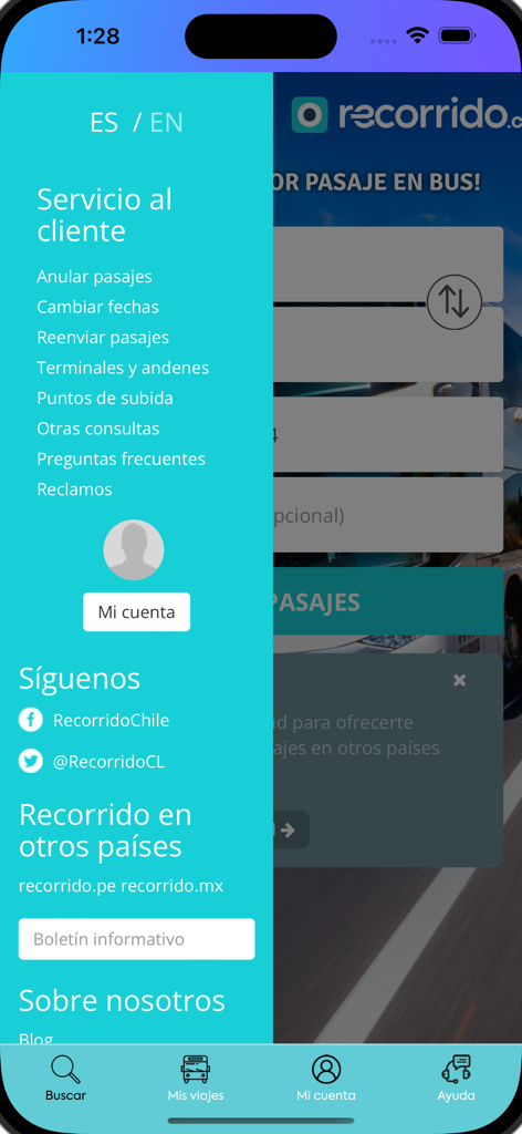 Side navigation menu of the Recorrido bus ticket booking app displaying customer service and account options.
