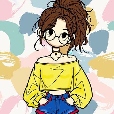 girl with a messy ponytail glasses a baggy crop top and jean shorts