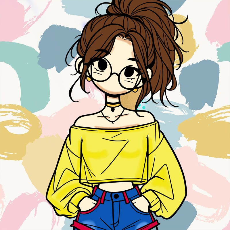 girl with a messy ponytail glasses a baggy crop top and jean shorts