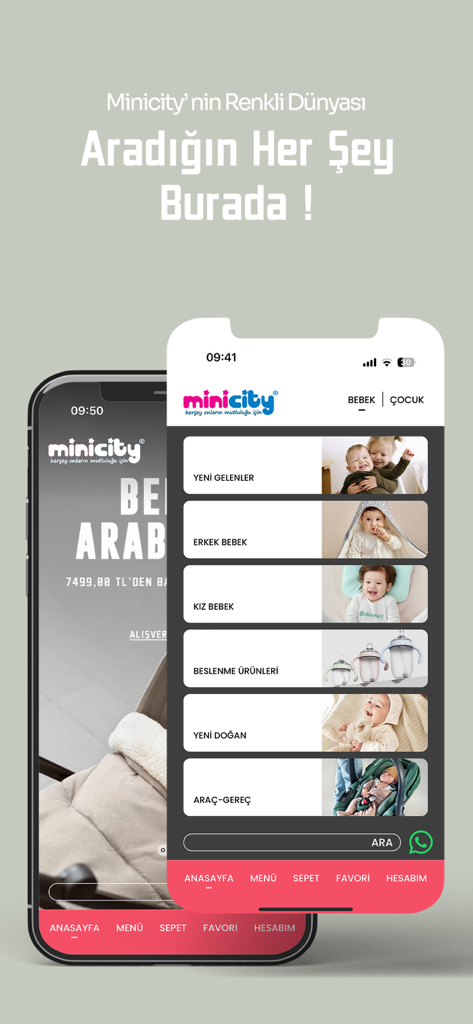 Minicity - Interface de l'application mobile Minicity présentant des catégories de produits pour bébés et enfants