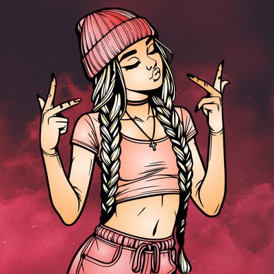 realistic teenage girl with braids and a beanie and crop top doing 🫶🏼