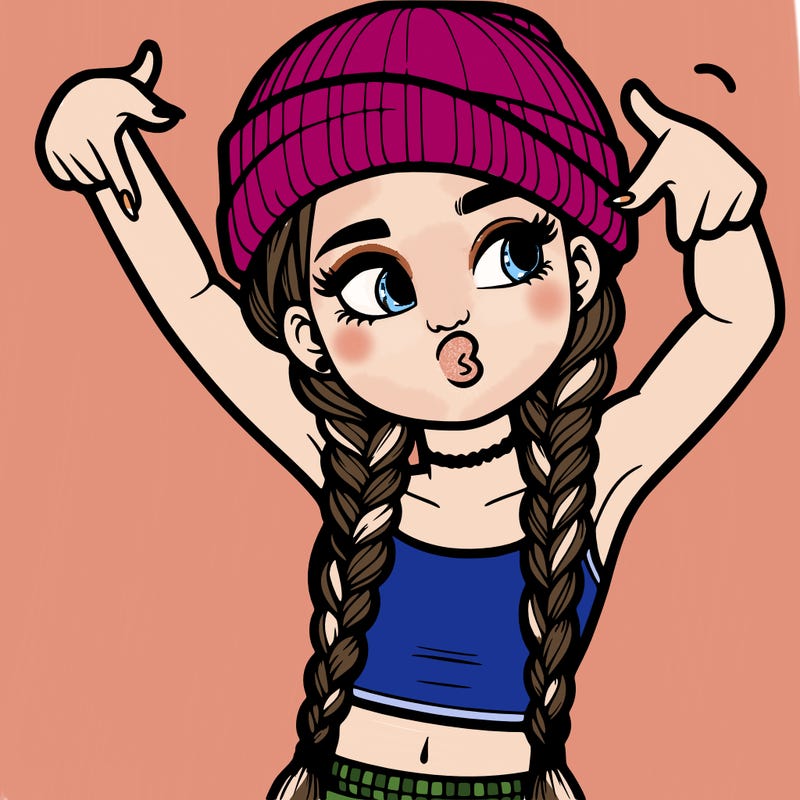 realistic teenage girl with braids and a beanie and crop top doing 🫶🏼