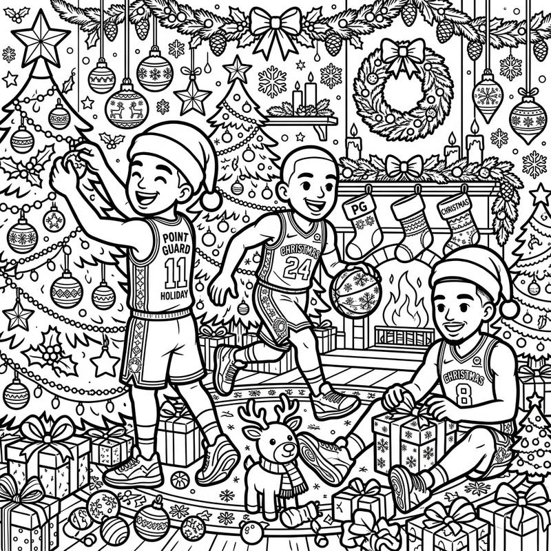 Celebrate the festive season with your favorite NBA point guards, ready to spread some holiday cheer! This dynamic coloring page combines the thrill of basketball with the joy of Christmas.