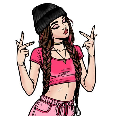 realistic teenage girl with braids and a beanie and crop top doing 🫶🏼