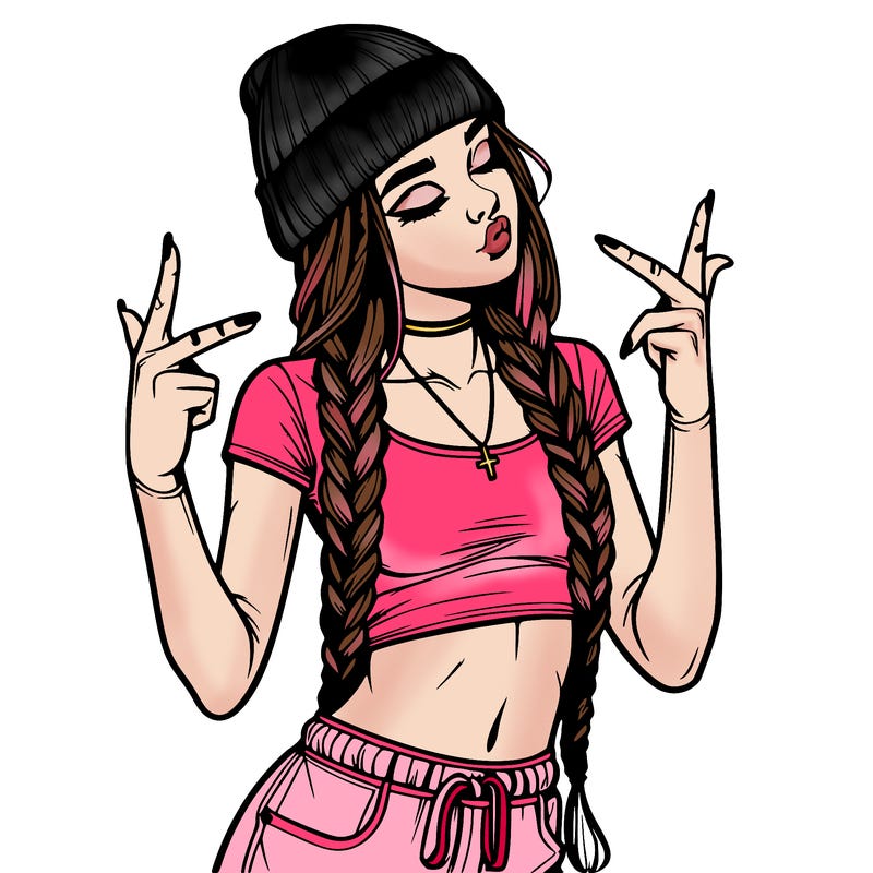 realistic teenage girl with braids and a beanie and crop top doing 🫶🏼