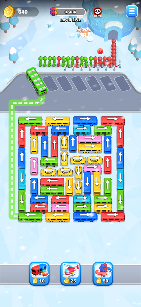 Car Jam 3D: Bus parking Master - Gameplay screenshot of Car Jam 3D showing a colorful parking jam puzzle in a winter-themed level.