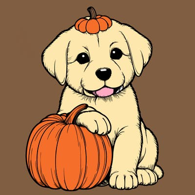 a realistic puppywith a pumpkin on his head