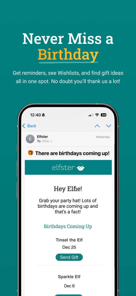 L'interfaccia dell'app Elfster che mostra promemoria di compleanno e opzioni per fare regali ai membri del gruppo.