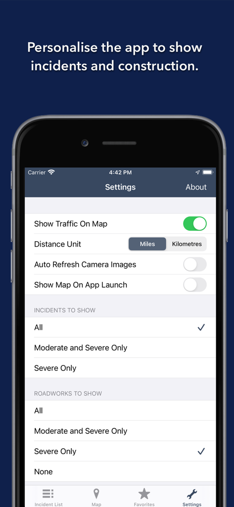 Settings screen of the Pennsylvania State Roads app showing options to personalize traffic incidents and roadworks visibility.