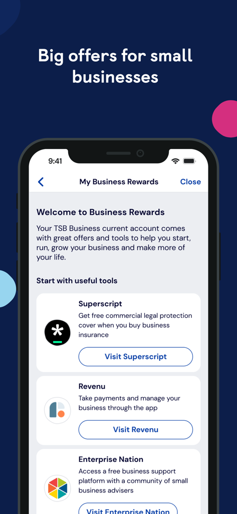 Tela de recompensas do aplicativo TSB Business Mobile mostrando ofertas e ferramentas para proprietários de pequenas empresas.