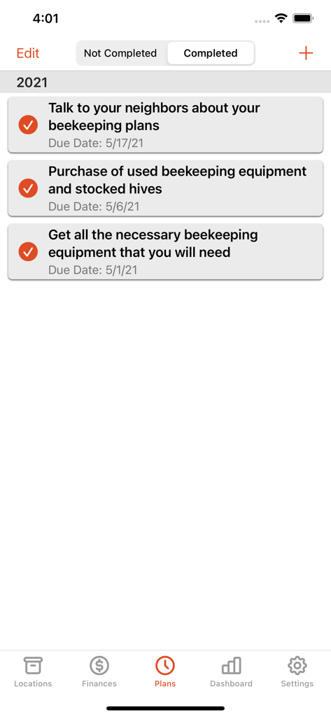 Screen showing completed beekeeping tasks and plans in the Apiarist app.