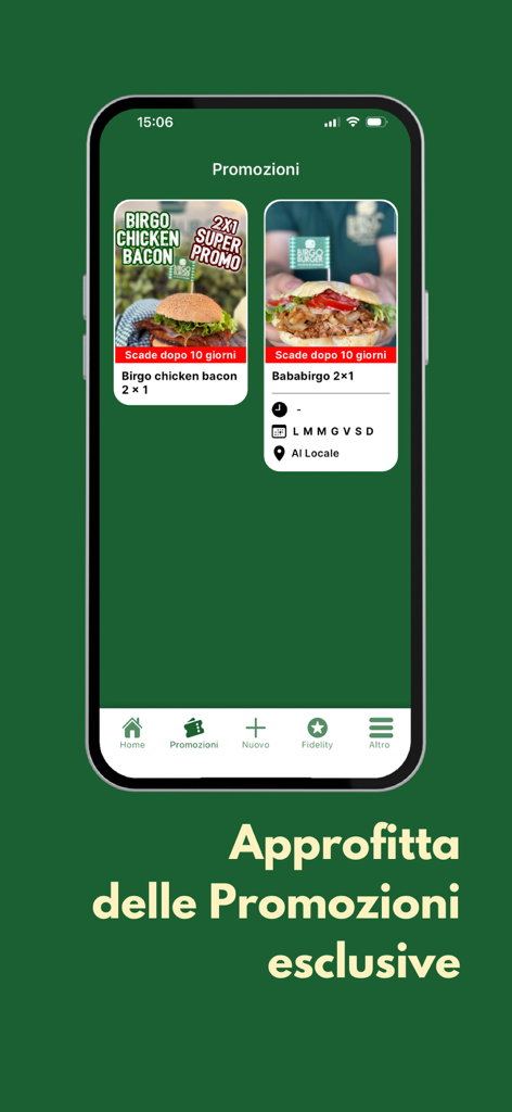 Birgo Burger - Birgo Burgerモバイルアプリ画面。限定2個で1個無料のバーガープロモーションとグルメフードのお得情報が表示されています。