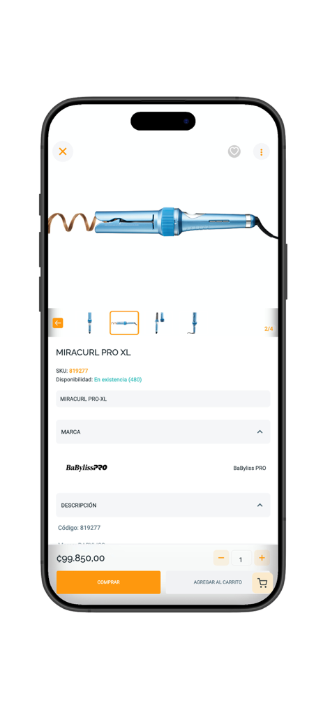 SUPER SALON - Página de detalles del producto para un rizador de cabello BaBylissPRO Miracurl Pro XL en la aplicación de compras móvil Super Salon