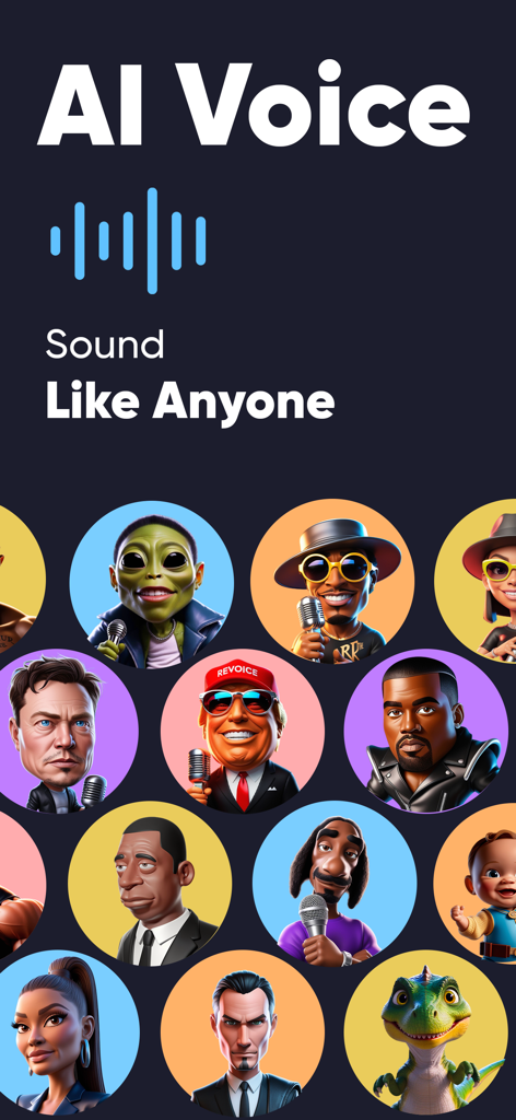 AI Voice - Voice Changer - AI Voice app screenshot showing cartoon celebrity avatars and the slogan sound like anyone.