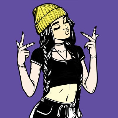 realistic teenage girl with braids and a beanie and crop top doing 🫶🏼