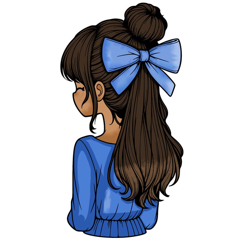 realistic girl  with hip length hair a bun and a big bow on the back of head