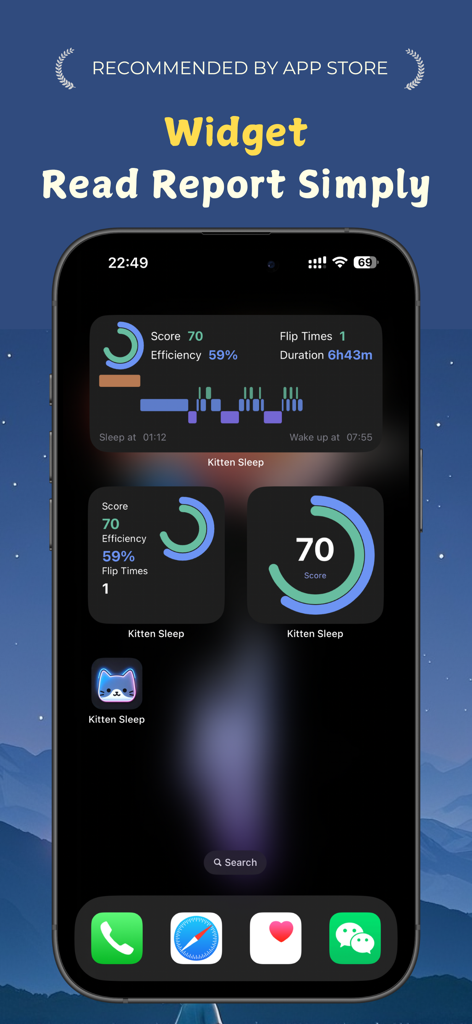 Kitten Sleep - Tela inicial do iPhone exibindo widgets do aplicativo Kitten Sleep com pontuações de sono e dados de eficiência