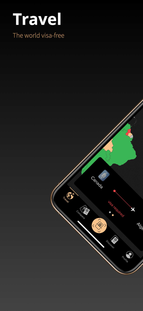 Passport Index mobile app interface showing visa requirements for Canada and a global travel map