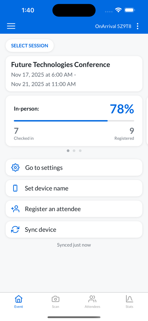OnArrival - The OnArrival app dashboard displaying check-in statistics and attendee management options for a conference.