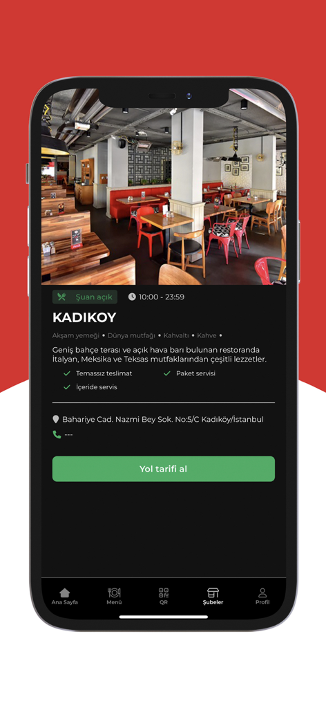Happy Group - Happy Group mobile app screen displaying details for the Kadikoy restaurant branch including address and directions button