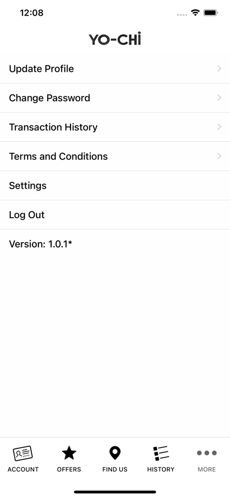 Account settings screen of the YoChi loyalty app showing options for profile updates and transaction history.