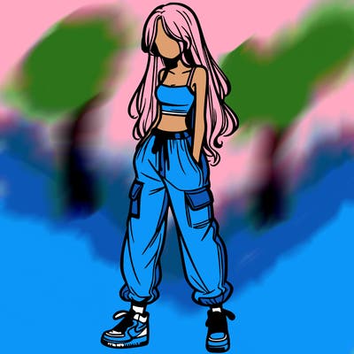 girl in baggy pants crop top and long hair