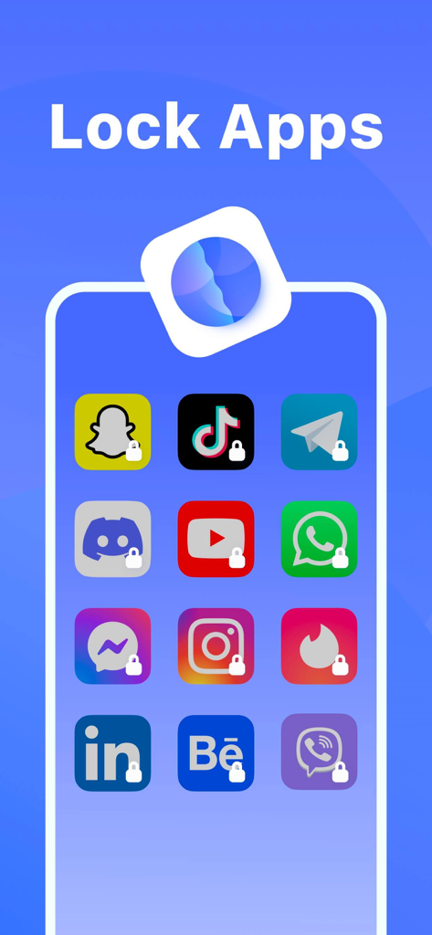 aLock - App Lock - aLock App-Oberfläche, die gesperrte Symbole für soziale Medien und Nachrichten mit Vorhängeschlosssymbolen zeigt