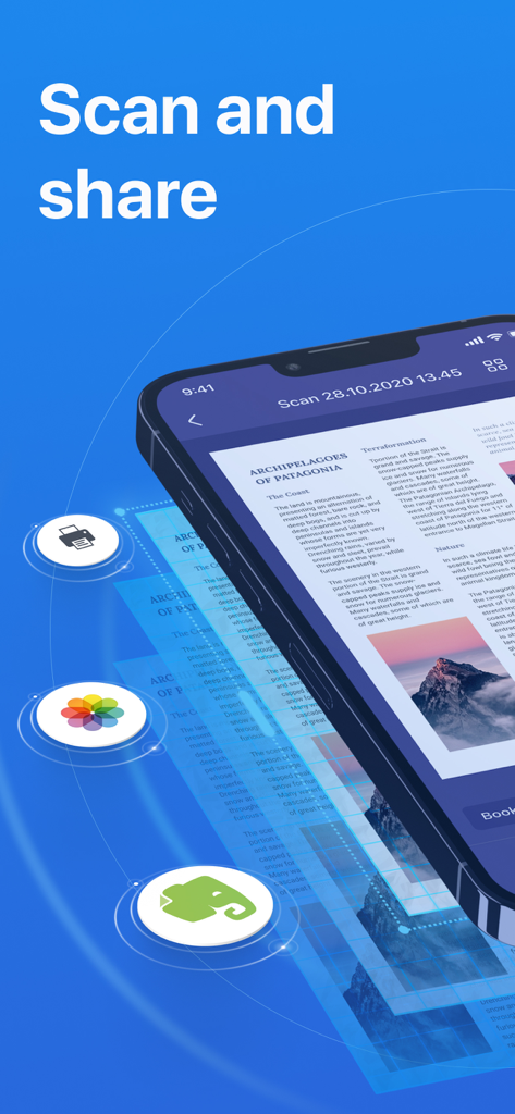 Scanner Mini app on iPhone showing a scanned document with sharing options for printing and Evernote