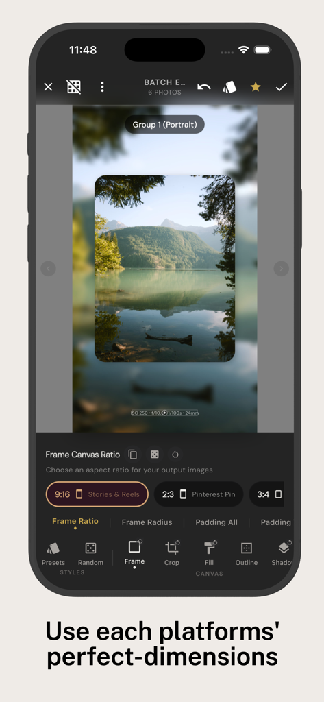 BatchPad: Photo Border in Bulk - A screenshot of the BatchPad app interface showing various aspect ratio options like Stories Reels and Pinterest Pin to fit different social media platform dimensions.