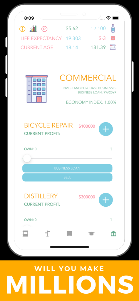 Screenshot of the commercial investment interface in Hobo Real Life Simulator showing options to buy businesses like a bicycle repair shop or a distillery.