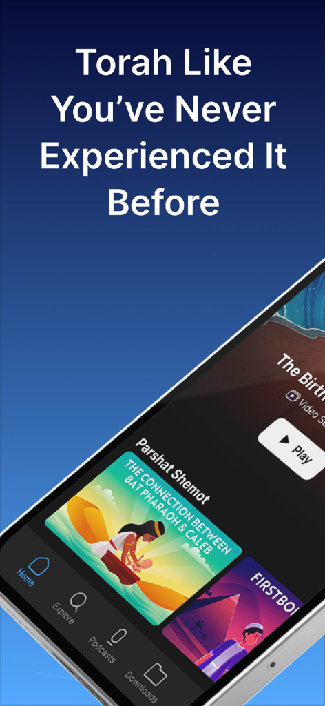 Aleph Beta Torah Videos - Aleph Beta app interface displaying animated Torah study videos with an explore and download menu