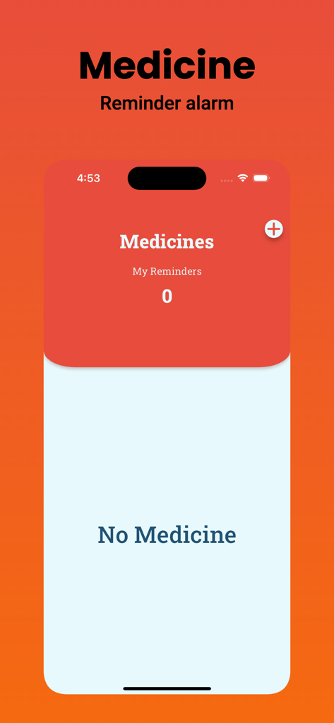 Écran d'accueil de l'application Rappel de Pilule montrant zéro alerte de médicament active avec un bouton pour ajouter de nouveaux rappels