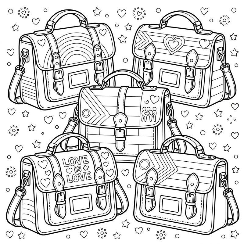 Embrace the spirit of Pride Month with this heartwarming coloring page featuring beautifully designed satchel bags. Each bag proudly displays symbols of love, diversity, and community, ready for you to bring to life with color.