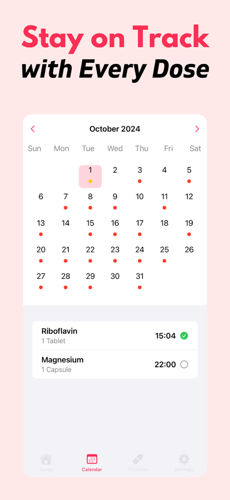 Vitamin Tracker Reminder VitUp - VitUp App-Screenshot, der einen Monatskalender mit täglicher Vitaminverfolgung für Riboflavin und Magnesium zeigt