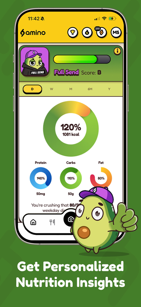 Amino: Free AI Calorie Tracker - Panel de la aplicación Amino que muestra el seguimiento diario de calorías y macronutrientes con una mascota