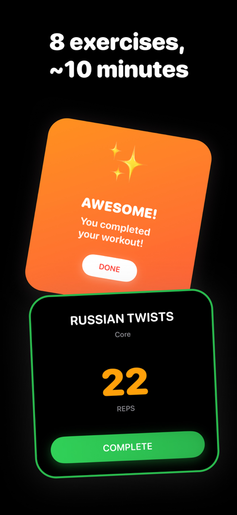 Daily8 app screen showing a workout completion message and a core exercise challenge for Russian Twists