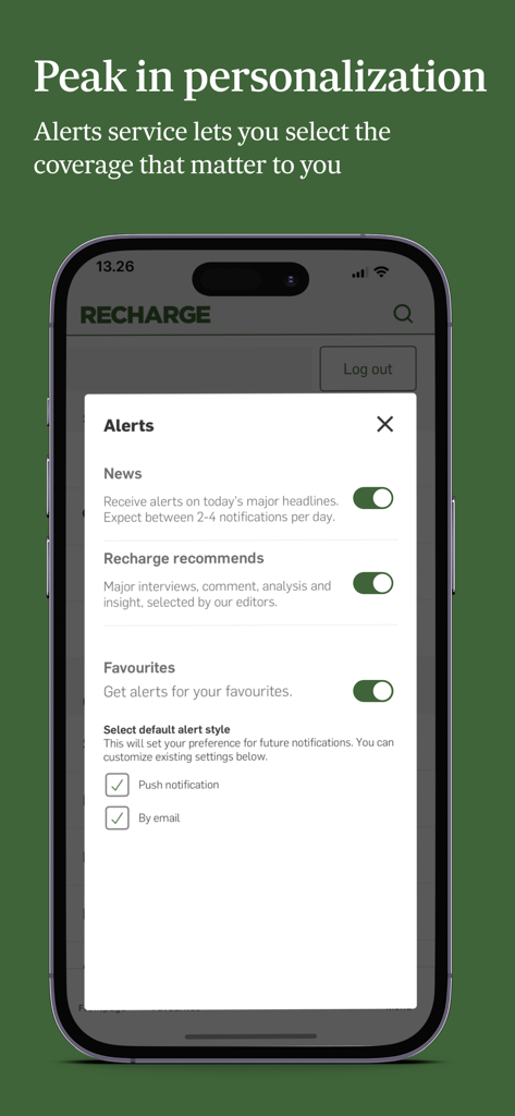 Recharge News - A smartphone screen displaying the alerts and personalization settings for the Recharge News app.