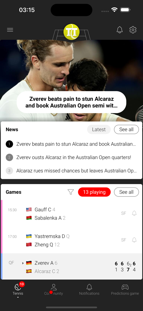 Tennis Temple - L'écran d'accueil de l'application Tennis Temple propose des articles d'actualité et les scores en direct des matchs des tournois de tennis professionnels.