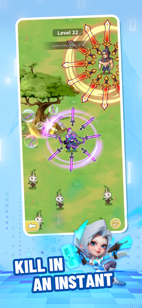 Hero using flying swords to defeat enemies in a Titan War casual gameplay level