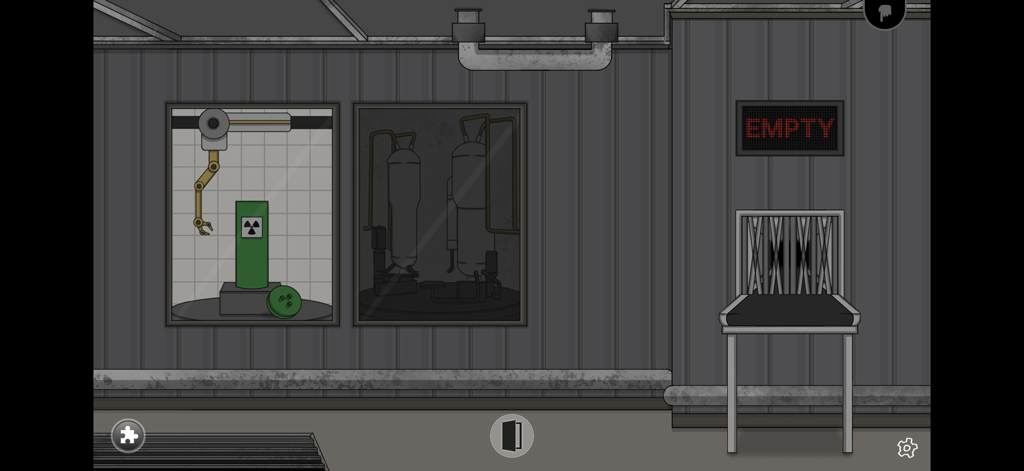 Unknown - Foggins - A mystery game screen showing an industrial room with a radioactive canister and a digital empty sign