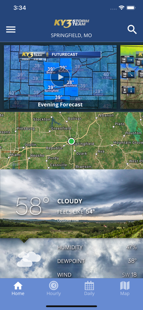 Home screen of the KY3 Weather app for Springfield Missouri showing local forecast details