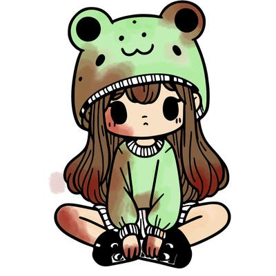 a girl wearing a frog hat and some frog socks