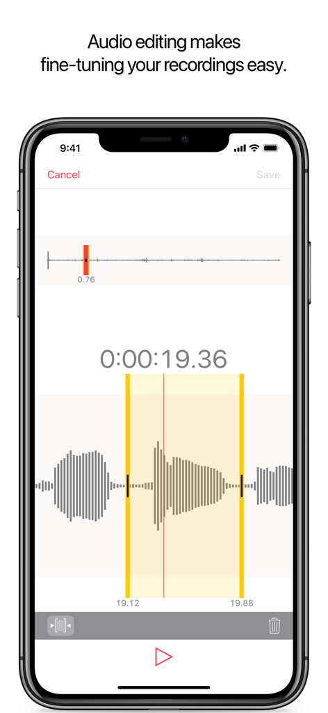 Écran d'iPhone montrant l'interface d'édition audio avec une vue de forme d'onde pour couper des enregistrements dans l'application Just Press Record.